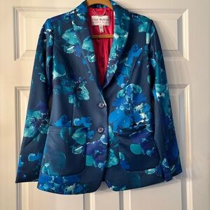 Selma Blair for Isaac Mizrahi Navy Blue and Teal Floral Satin Statement Blazer